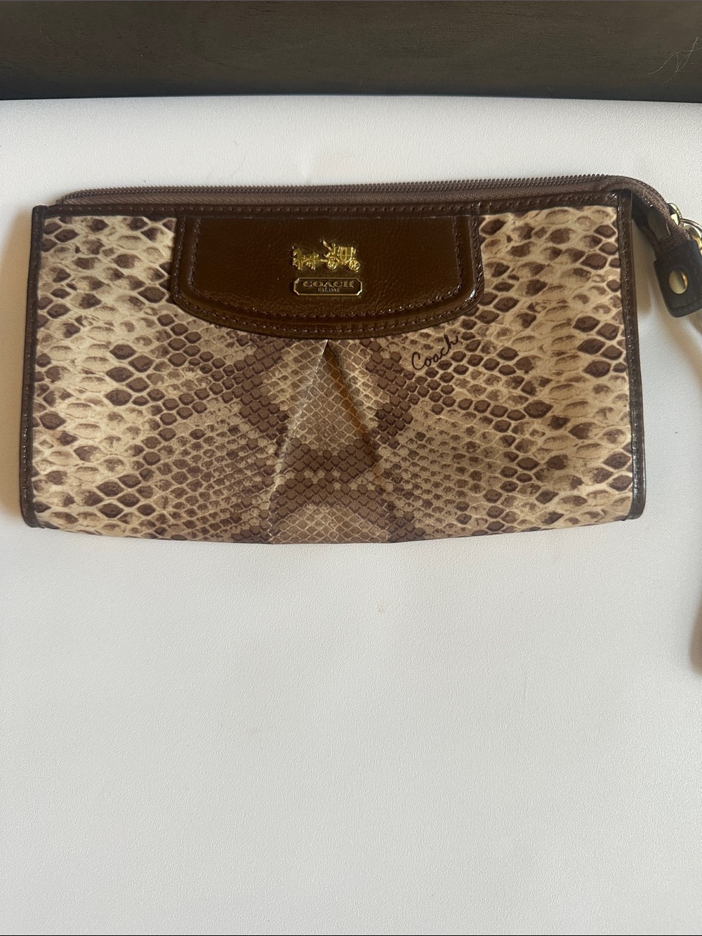 Coach Brown Snakeskin-Print Zip Wristlet